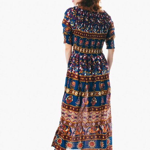 Blue peasant maxi dress short sleeve off shoulder boho summer floral tie dye - Picture 3 of 4